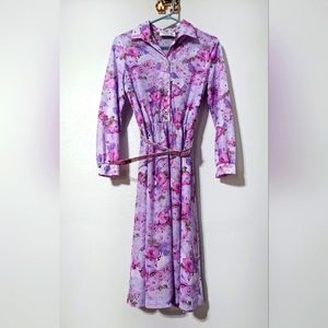 Vintage 70s Malouf Of Dallas Dress Sheer Floral With Buckle Vtg Secretary Swing